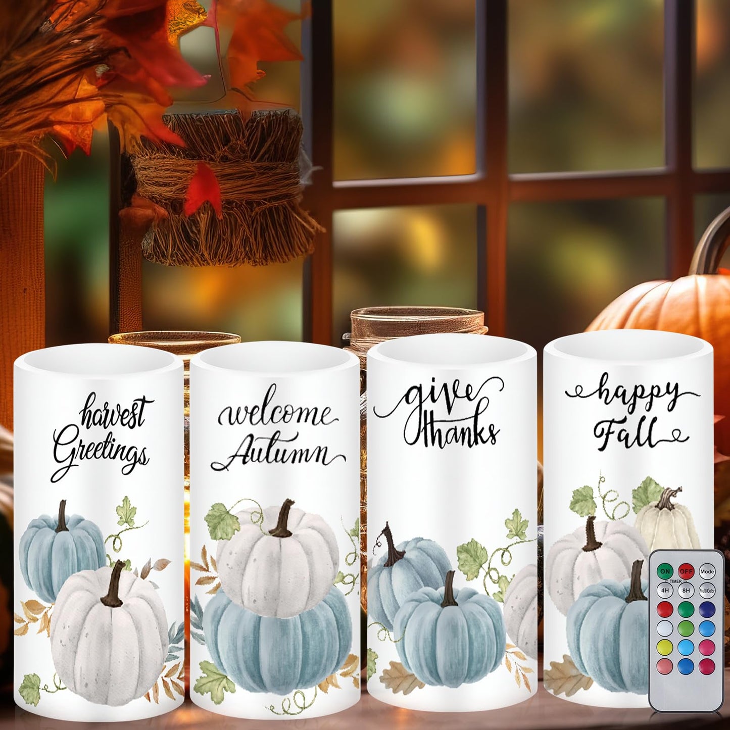 Tiamon 4 Pack Fall Led Candles with Remote - Blue Pumpkin Flameless Candles - Autumn Battery Operated - Warm Light Flickering - Harvest, Thanksgiving Table Decorations, Gift