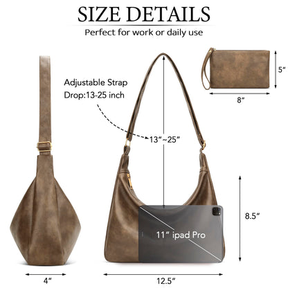 KKXIU Slouchy Hobo Bags for Women - Ultra Soft Foldable Shoulder Handbag Vegan Leather Tote Purse with Reinforced Zipper (Apricot)
