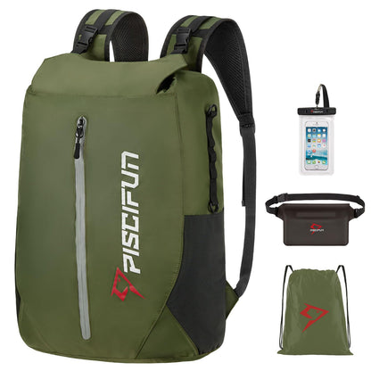 Piscifun Dry Bag Waterproof, Floating Dry Backpack, Lightweight Waterproof Dry Bag with Waist Pouch and Phone Case for Kayaking, Camping, Beach, Boating & Swimming for Men & Women Army Green 20L