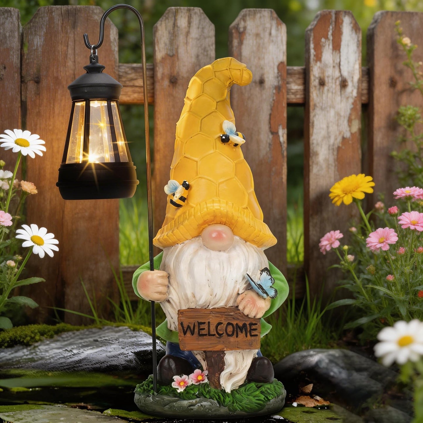 DoYouzhuo8 Solar Garden Gnome Statue with Lantern - Hand-Painted Resin Gnome Decor, IP44 Waterproof Outdoor Figurine for Yard Patio Porch, for Mom Women Housewarming Christmas
