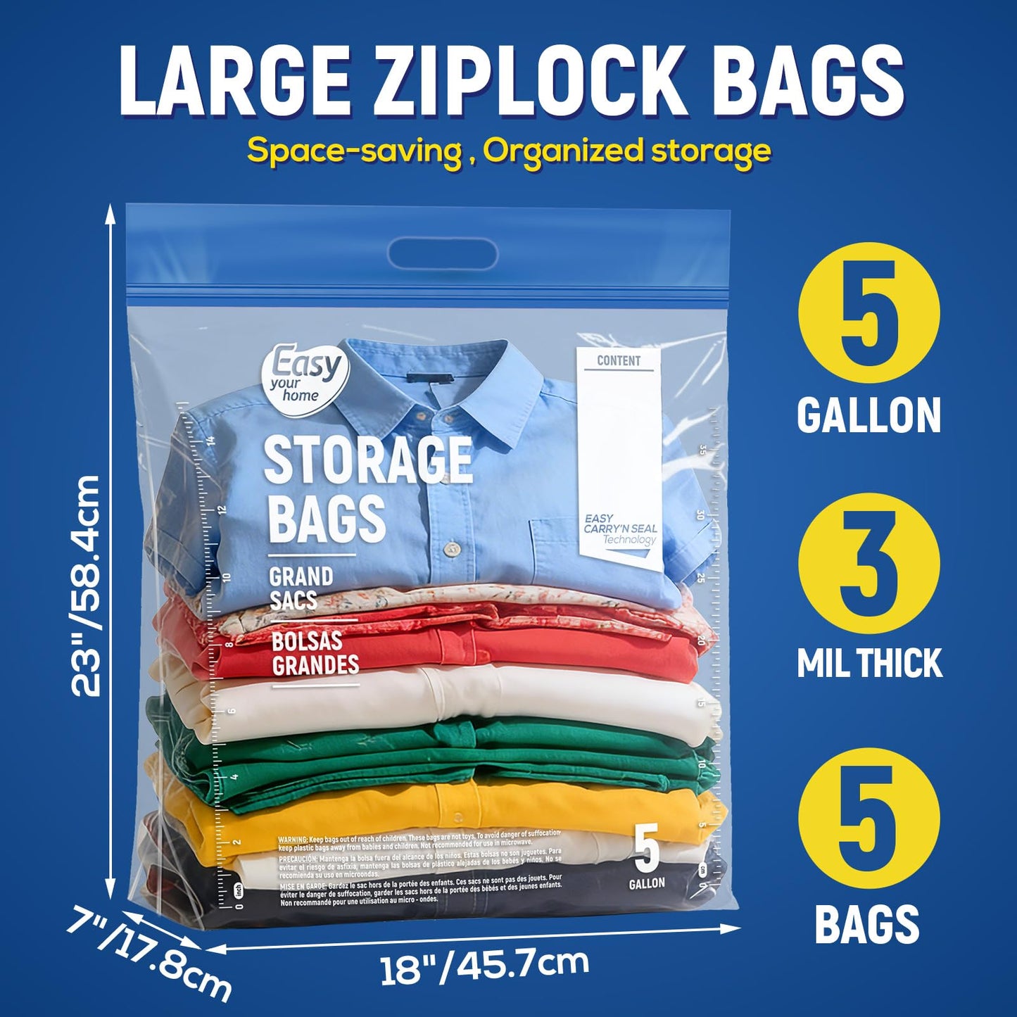 EASYYOURHOME 5PCS 5 Gallon Zipper Lock Plastic Bags with Handle and bottom,18"x23"+7",Extra Large Size Reusable Storage Bag with Double Zip for Clothing,Travel,Moving,Beach,BPA-Free,3-Mil Thick