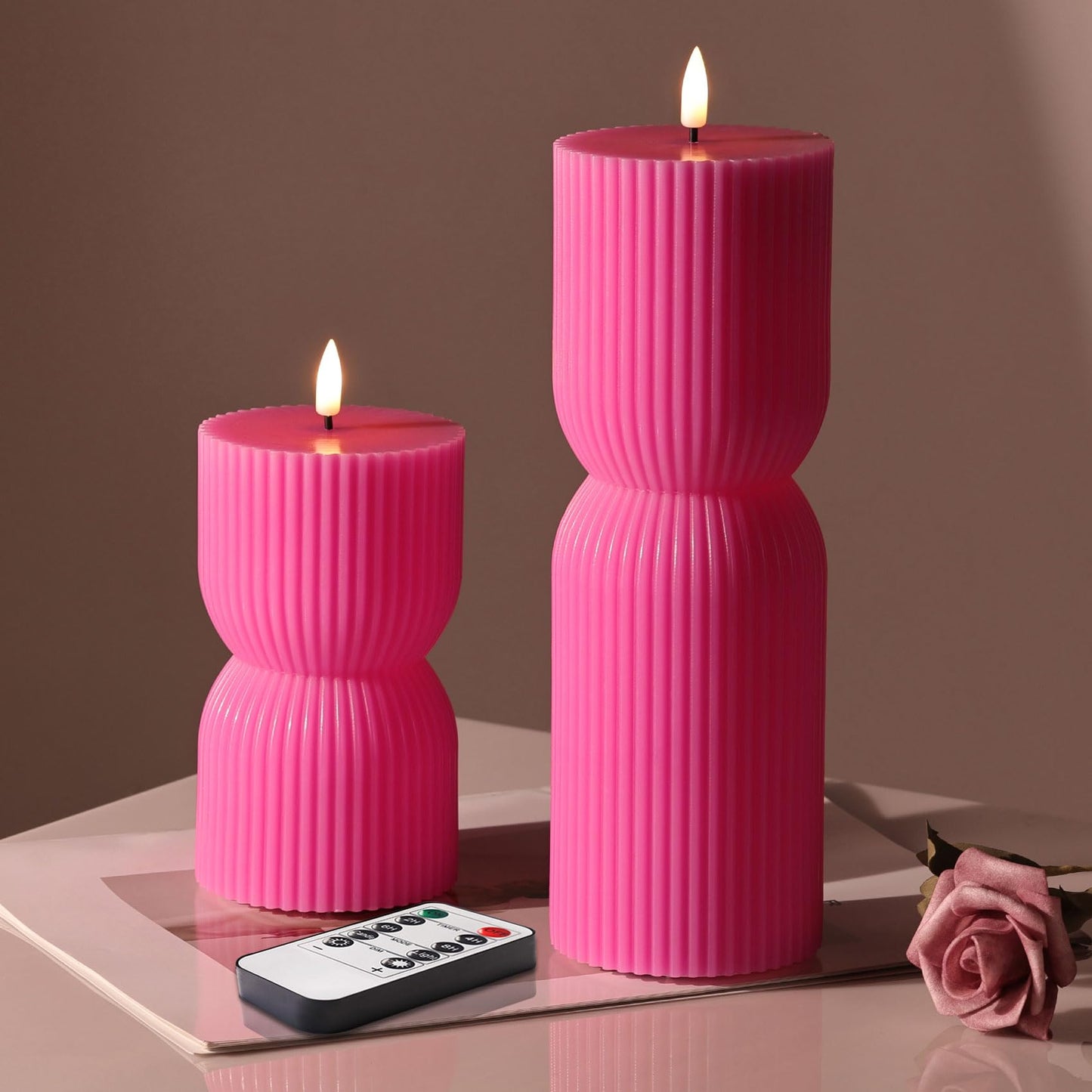 Girimax Hot Pink Ribbed Flameless Pillar Candles with Remote, Real Wax Flickering Battery LED Candles Set of 2