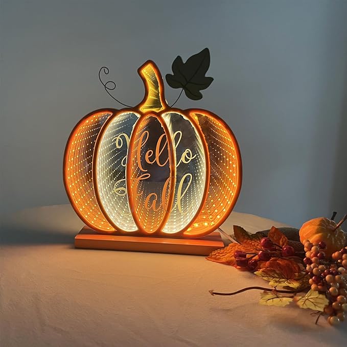 Infinity Fall Pumpkin Décor, Light Up Harvest Pumpkin Lights with USB Powered,8.58 Inch H Standing Fall Pumpkin for Table,Shelf or Room Decoration