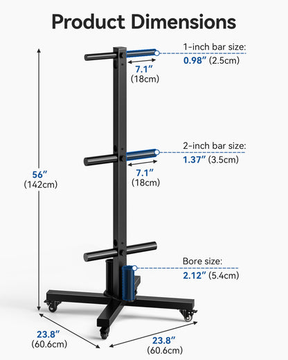 Movable Olympic Weight Plate Tree with 6 Metal Pegs, Fits 1" & 2" Weight Plates, Heavy Duty Storage Rack with Barbell Holders for Home & Garage Gym
