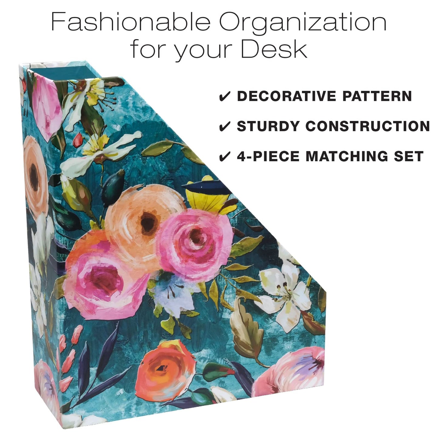 Global Printed Products Designer Printed Desk Organizer Set, Includes Letter Tray, Folder Stand, 3-Section Organizer, Pen Holder - Floral