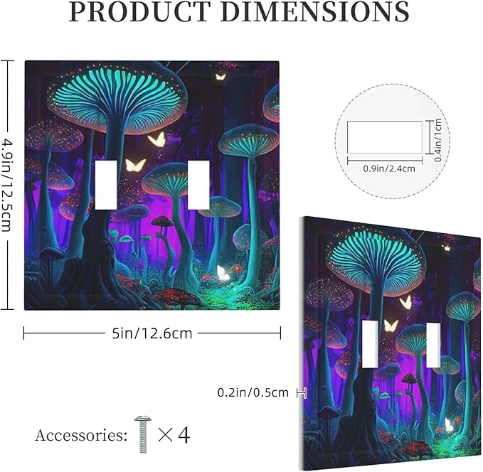 Fantasy Mushroom Forest Glowing Butterfly Double Toggle Light Switch Cover Decorative 2 Gang Wall Plate Electrical Switchplate Faceplate for Bathroom Kitchen Decorate Accessories