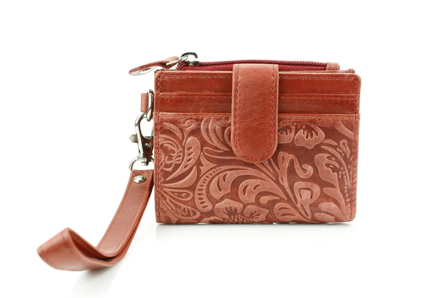 American Bison Small Fold-Over Wristlet Wallet for Women – Floral Embossed Filigree Clutch with Snap Closure, Zip Coin Pocket, Card Slots & ID Window (Red)