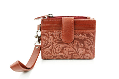 American Bison Small Fold-Over Wristlet Wallet for Women – Floral Embossed Filigree Clutch with Snap Closure, Zip Coin Pocket, Card Slots & ID Window (Red)