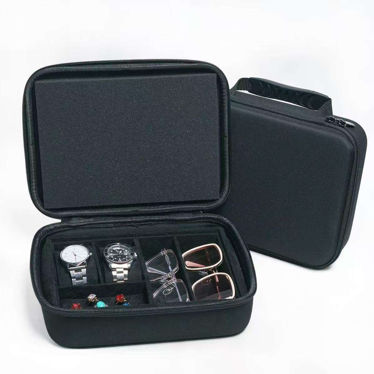 SORNDIF Large Travel Watch Case 5Slot Portable Jewelry Box Versatile Watches Sunglasses Organizer Rings Eyeglasses Zippered Carrying Bag Men
