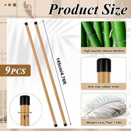 Hiboom 6/9 Pcs 5ft Yoga Stick Natural Bamboo Black Exercise Stick with Non-Slip Rubber Ends Stretching Tool Posture Corrector Stretch Tool for Flexibility, Workout, Balance Fitness(6 Pcs,Bamboo)