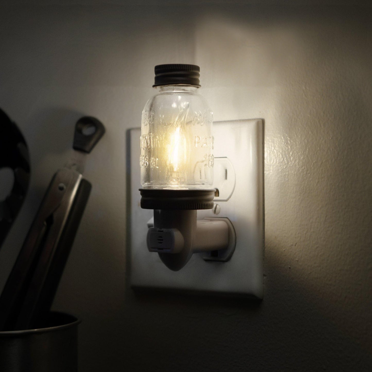 Autumn Alley Rustic Mini Mason Jar Night Light in Bronze | Auto On/Off Sensor | Plug in Farmhouse Wall Decor | Cute Country Night Light | Energy Efficient LED Bulb | Timeless Design