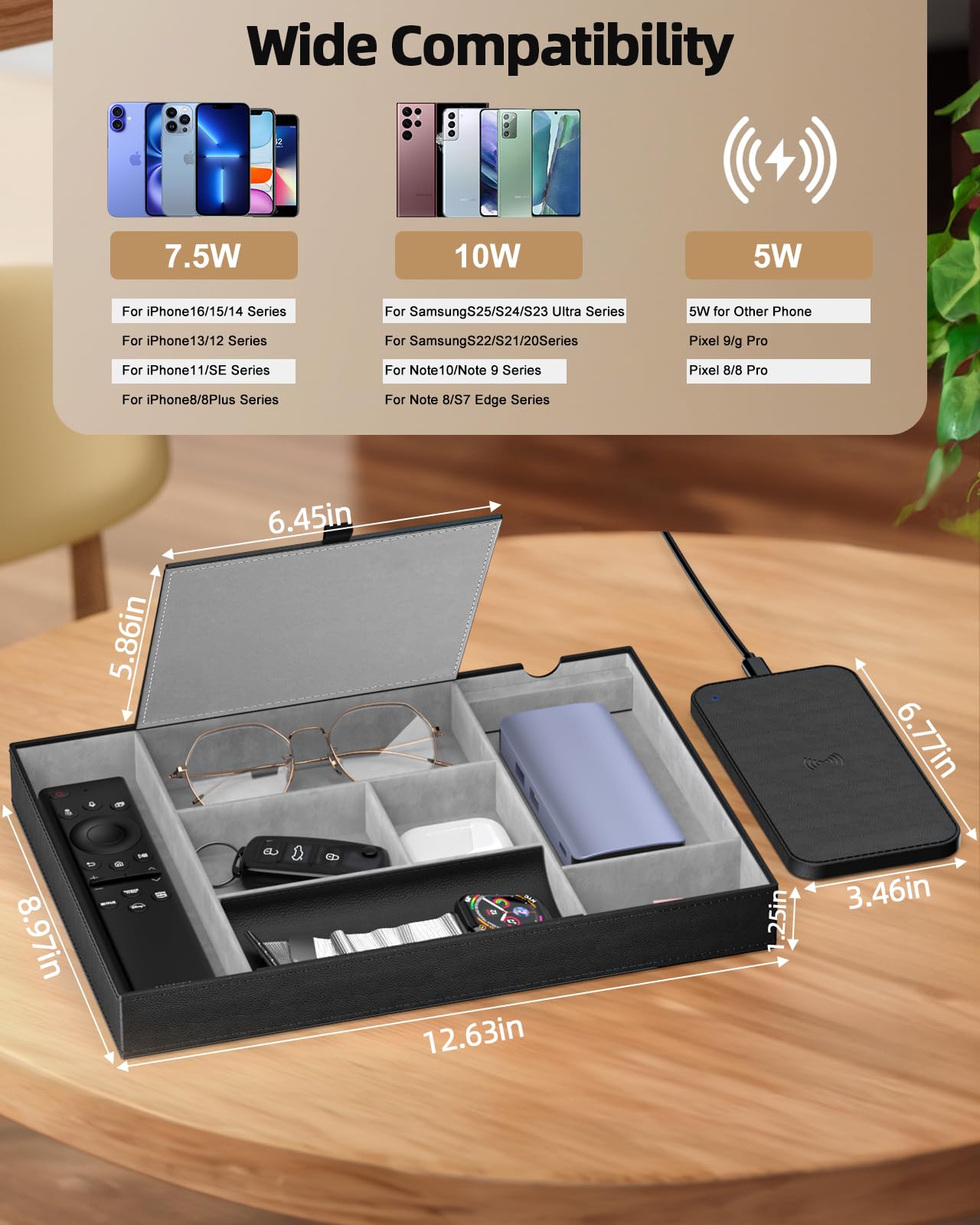 Leather Valet Tray with Wireless Charging Pad - Luxury EDC Nightstand Organizer for Men - Premium Desk Tray for Phone, Watch, Glasses & Keys - Sleek Office Desk Accessories & Gift for Him (Black)