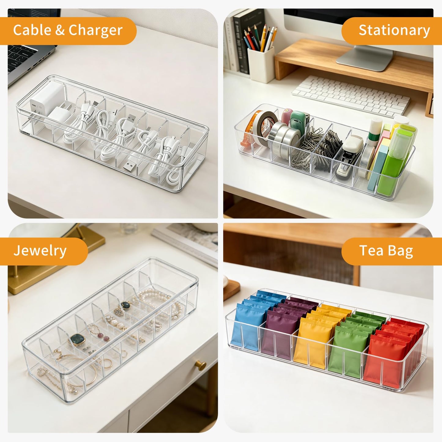 2 Pack Cable Organizer Box with Lid - Stackable Charger Cord Storage Organizer with 20 Wire Ties - Adjustable Compartments Phone Cables Wire Management Box for Drawer Desk Office Home Accessories