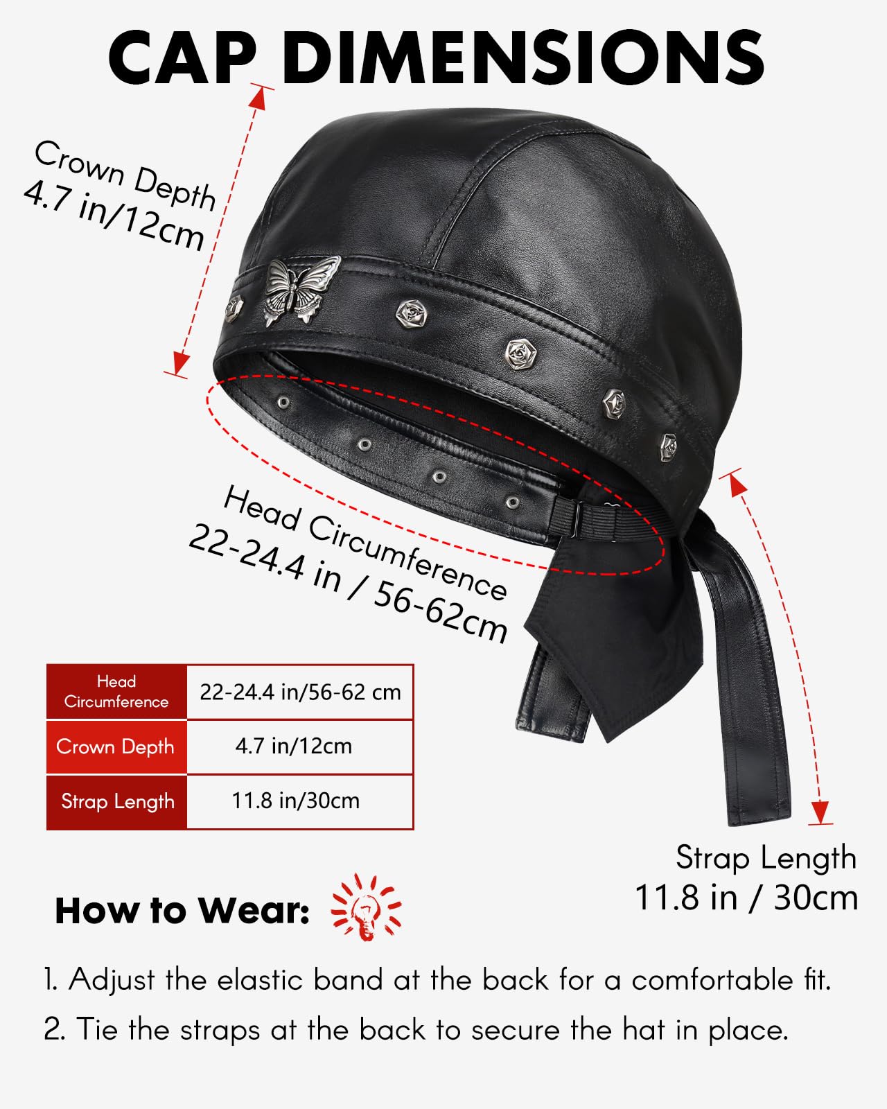 Leather Biker Skull Cap for Women Adjustable Motorcycle Cycling Black Bandana Head Wrap Doo Rag