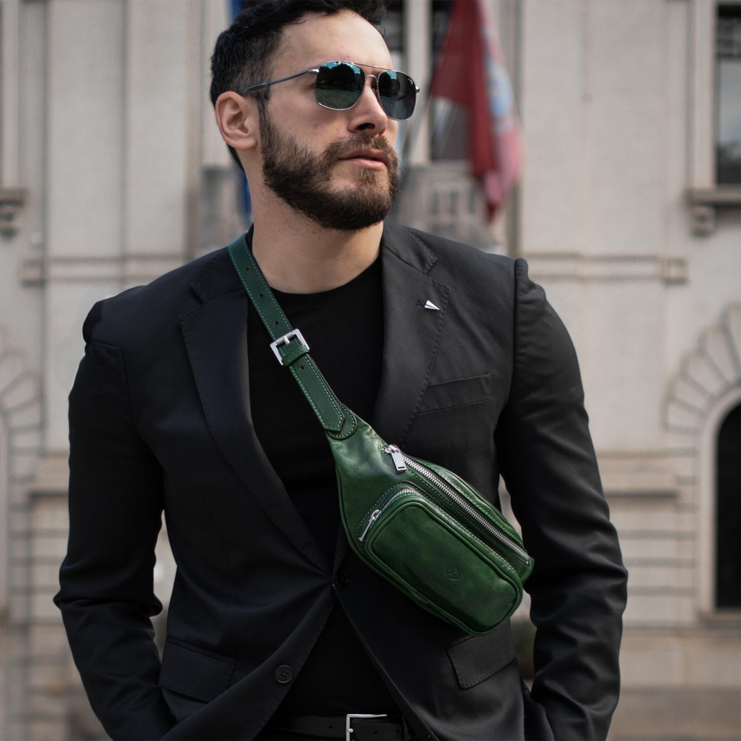 Time Resistance Leather Waist Pack - Belly Bag, Belt Bag, Fanny Pack - Handmade in Italy (Green)