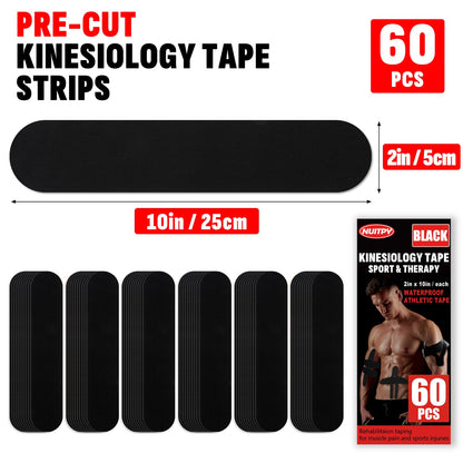 60PCS Precut Kinesiology Tape Strips, 2 inch x 10 inch Athletic Tape, Kinetic Tape, Elastic Muscle Tape, Sports Tape, Knee Tape for Exercise and Daily Use - Black