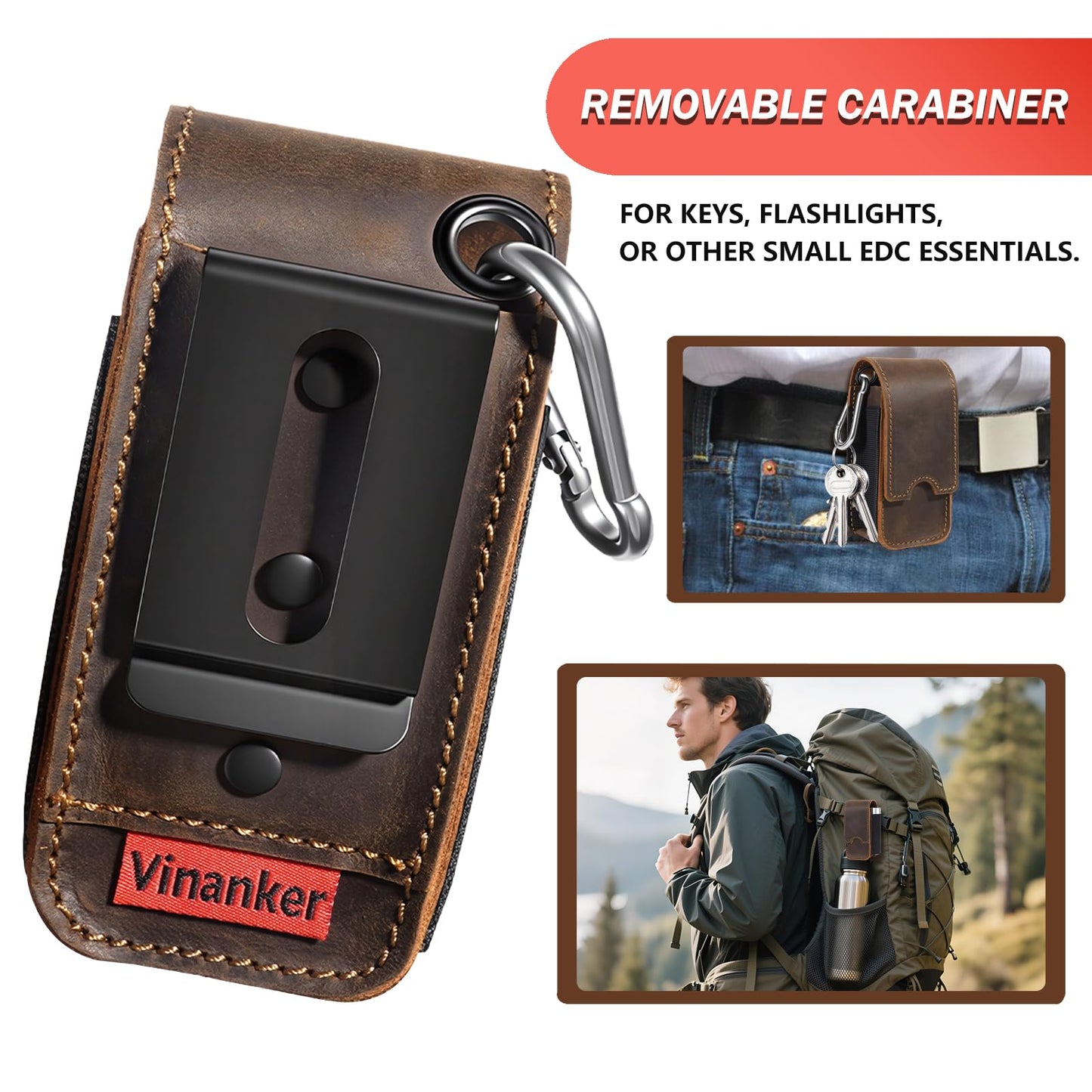 Vinanker Genuine Leather Multitool Pouch for Leatherman, EDC Belt Organizer Holster with Dual-Compartment Multitool Sheath for Men (Darkbrown)
