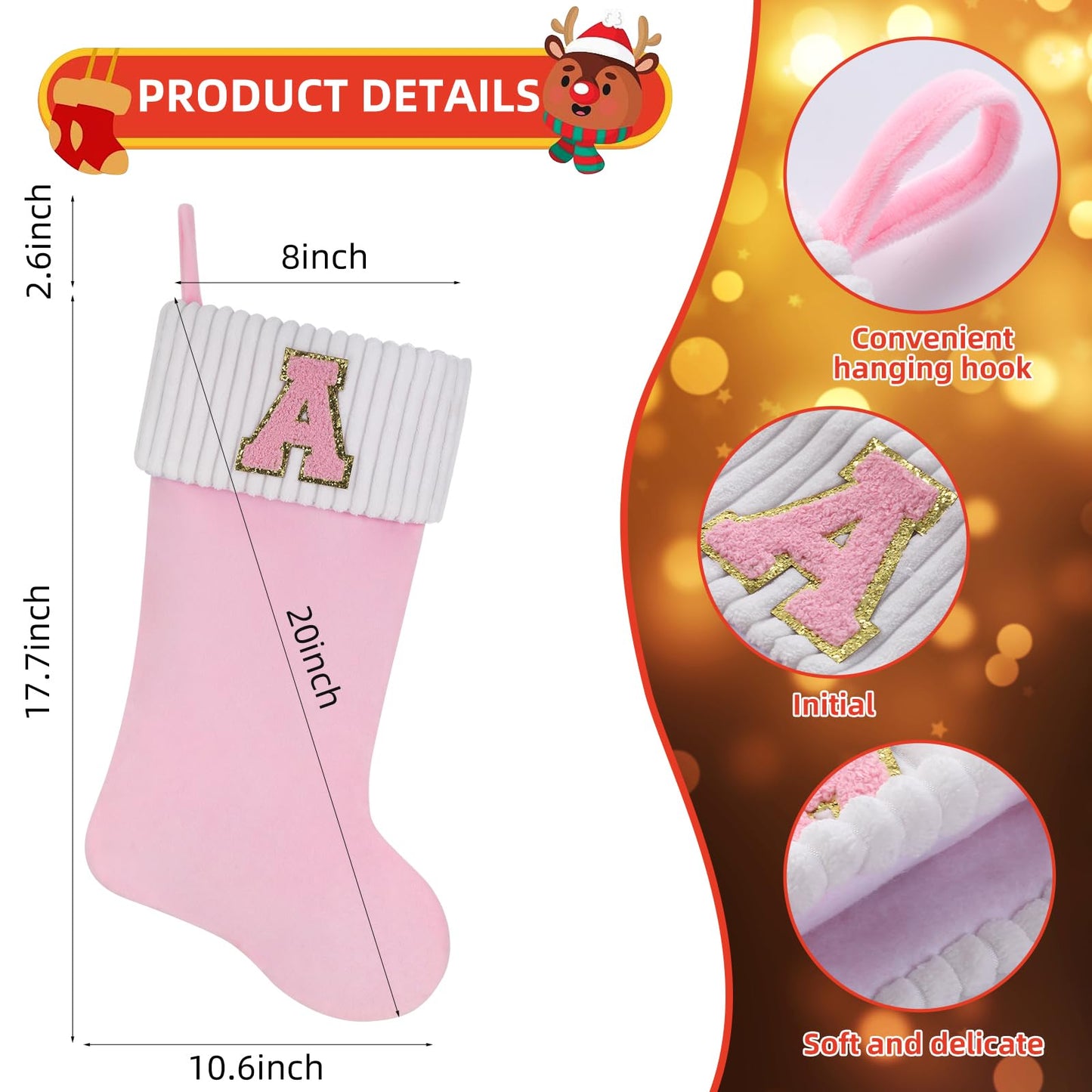 Shgngle 20 Inches Letter Embroidered Christmas Stocking,Personalized Pink Velvet Christmas Stocking,Family Holiday Decorations and Xmas Gift(H)