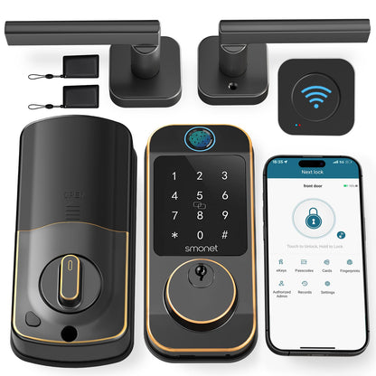 Keyless Door Lock with Handle Set - SMONET WiFi Fingerprint Smart Locks for Front Door, App Remote Control, Digital Bluetooth Keypad Deadbolt Set with Alexa, Auto Lock, Code, Fobs for Home Black