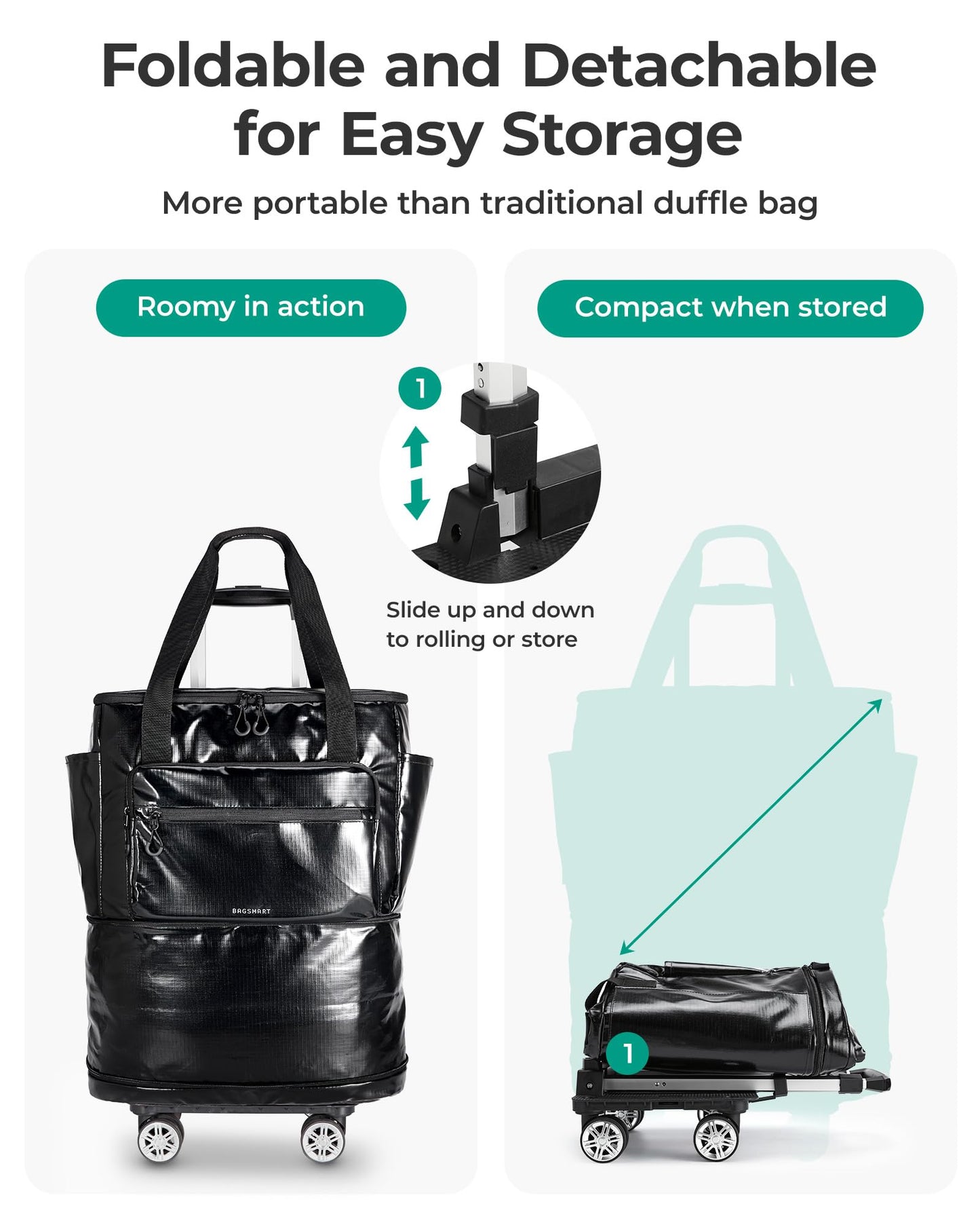 BAGSMART Rolling Duffle Bag with Wheels, Travel Duffel Luggage Bag for Women, Water Repellent Heavy Duty for Travel Camp, Charcoal, Medium, 48L