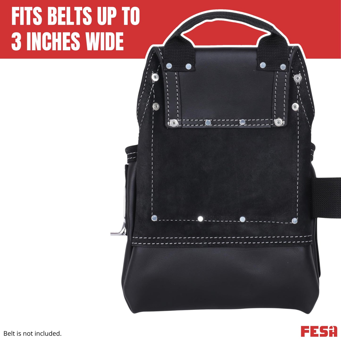 FESA Leather Carpenter Tool Pouch - 10-Pocket Heavy Top Grain Leather Carpenter Pouch with 2 Hammer Loops, Large & Small Pockets - Fits Work Belts up to 3" - Handcrafted (Black, Mexico)