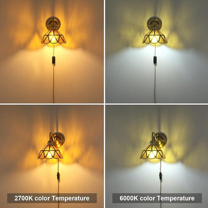 Vintage Wall Sconce, Wall Lamps with Coffee Stone Triangle Checker Sconce, Stained Glass Shade Gold Wall Lights Fixture with Plug in Cord and Switch for Bedroom Bathroom Living Room Hallway