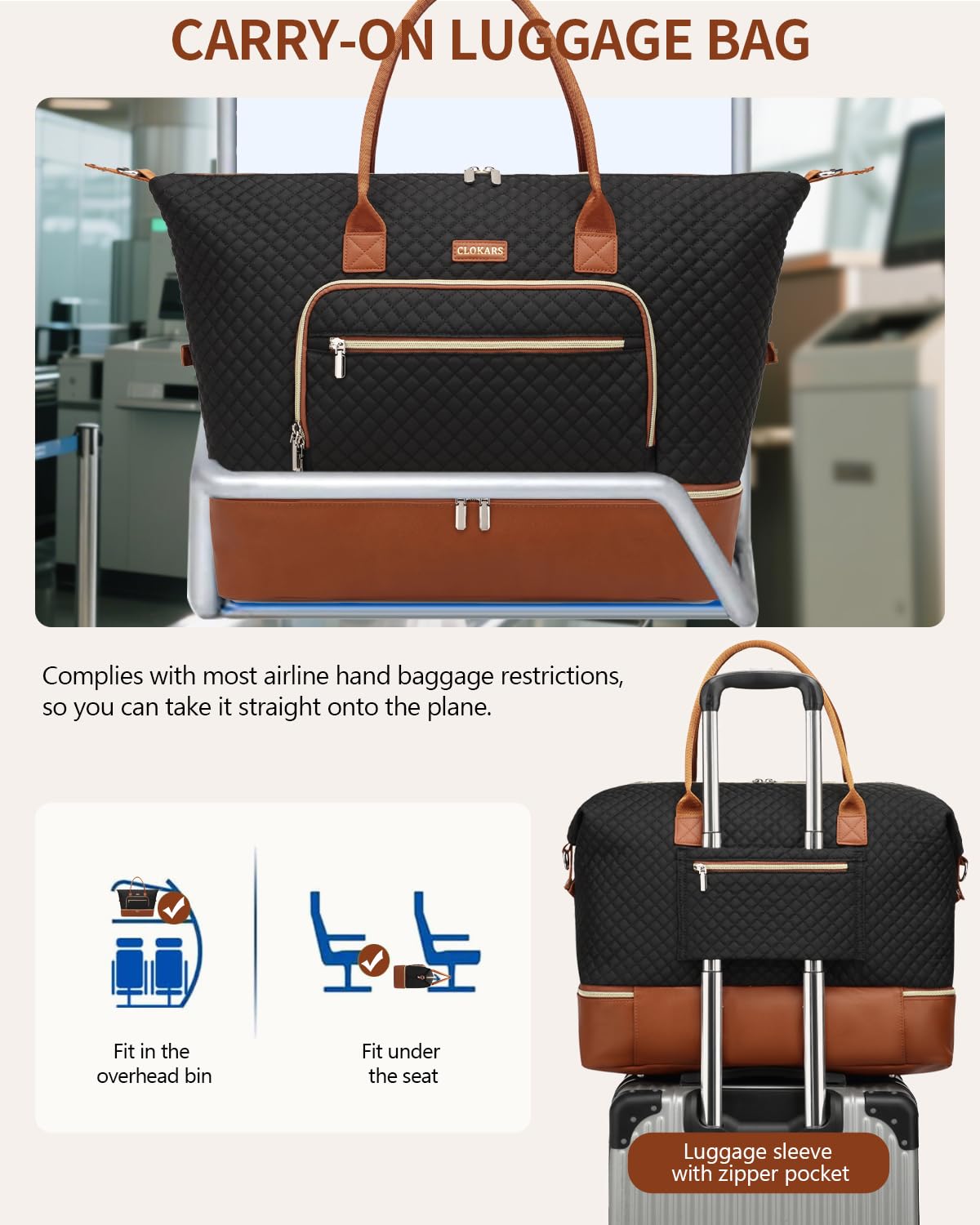 CLOKARS Weekender Bags for Women, Travel Duffle Bag Carry On Overnight Bag with Cosmetics Bag and Crossbody Purse for Gym Hospital, Gifts for Women, Black Brown