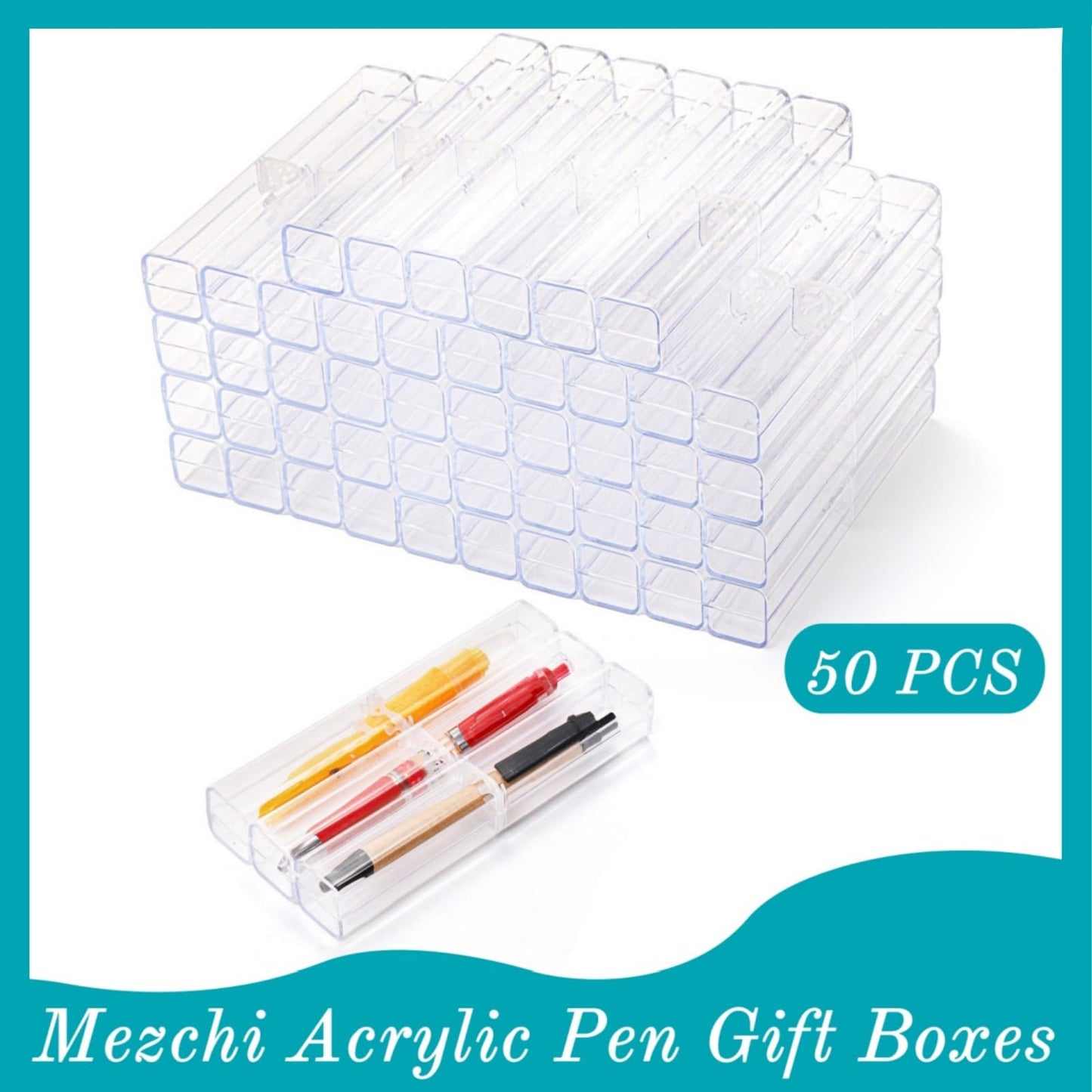 Mezchi 50 Pack Acrylic Pen Gift Boxes, Clear Pen Gift Box, Empty Pen Cases, Reusable Plastic Pen Display Case for Single Pen, School Office Supplies