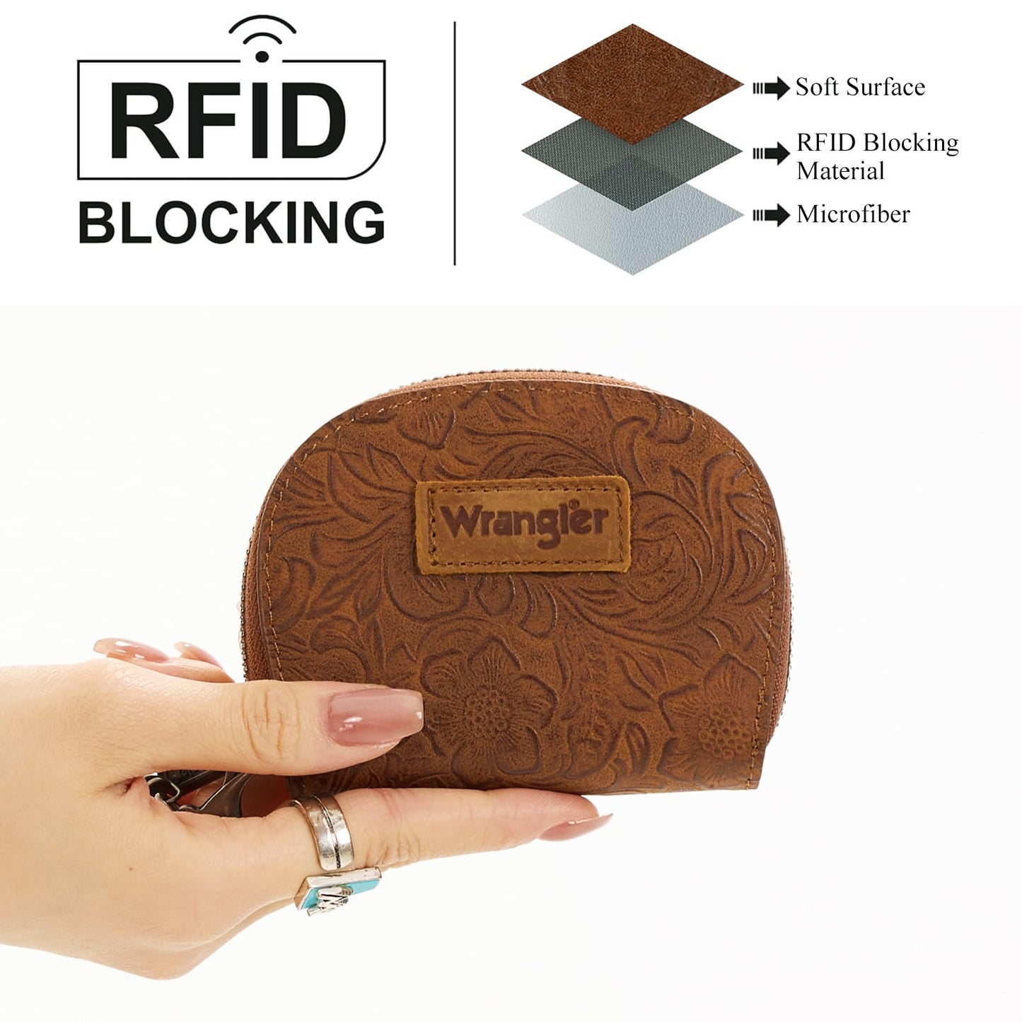 Montana West Wrangler Small Keychain Wallet for Women RFID Blocking Credit Card Holder Floral Tooling Coin Purse Brown WG338-W102-1BR
