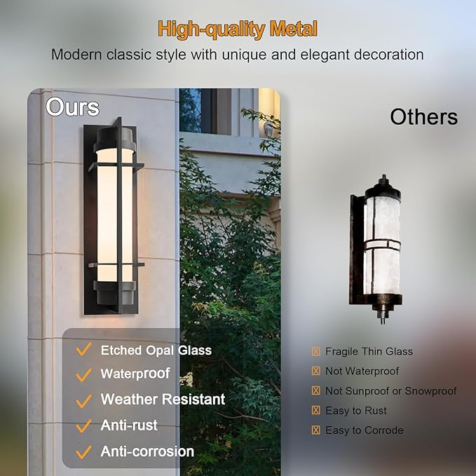 ALVIME 15 inch Large Outdoor Wall Sconce, Exterior Lighting Fixtures, Waterproof Modern Outdoor Wall Light, Black Outside Sconce Lights for House, Entryway, Patio, Garage, E26 Base&Etched Opal Glass