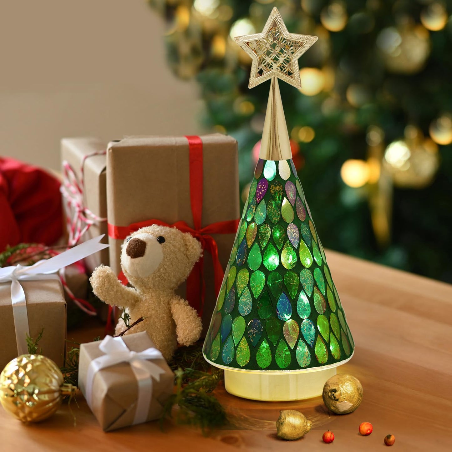 Green Glass Tabletop Christmas Trees, 3 PCS Handmade Mosaic Glass Small Christmas Trees with Light, Battery Operated Xmas Tree for Bedroom Decor 11"
