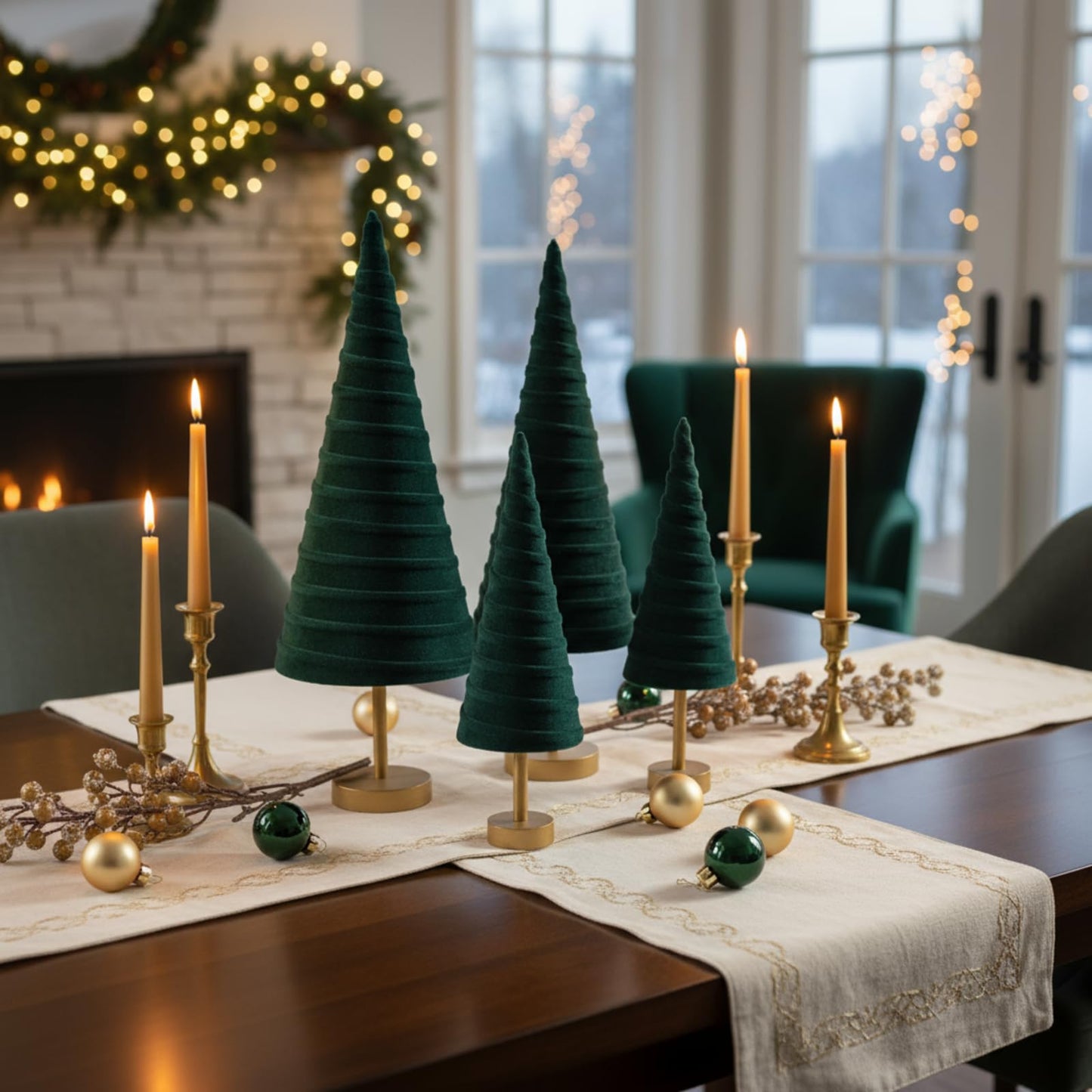 Hoolerry 4 Pcs Christmas Velvet Trees with Gold Pedestal Modern Rustic Christmas Velvet Cone Trees Minimalist for Mantel Table Centerpiece Entryway Home Winter Holiday Wedding Decor (Green)
