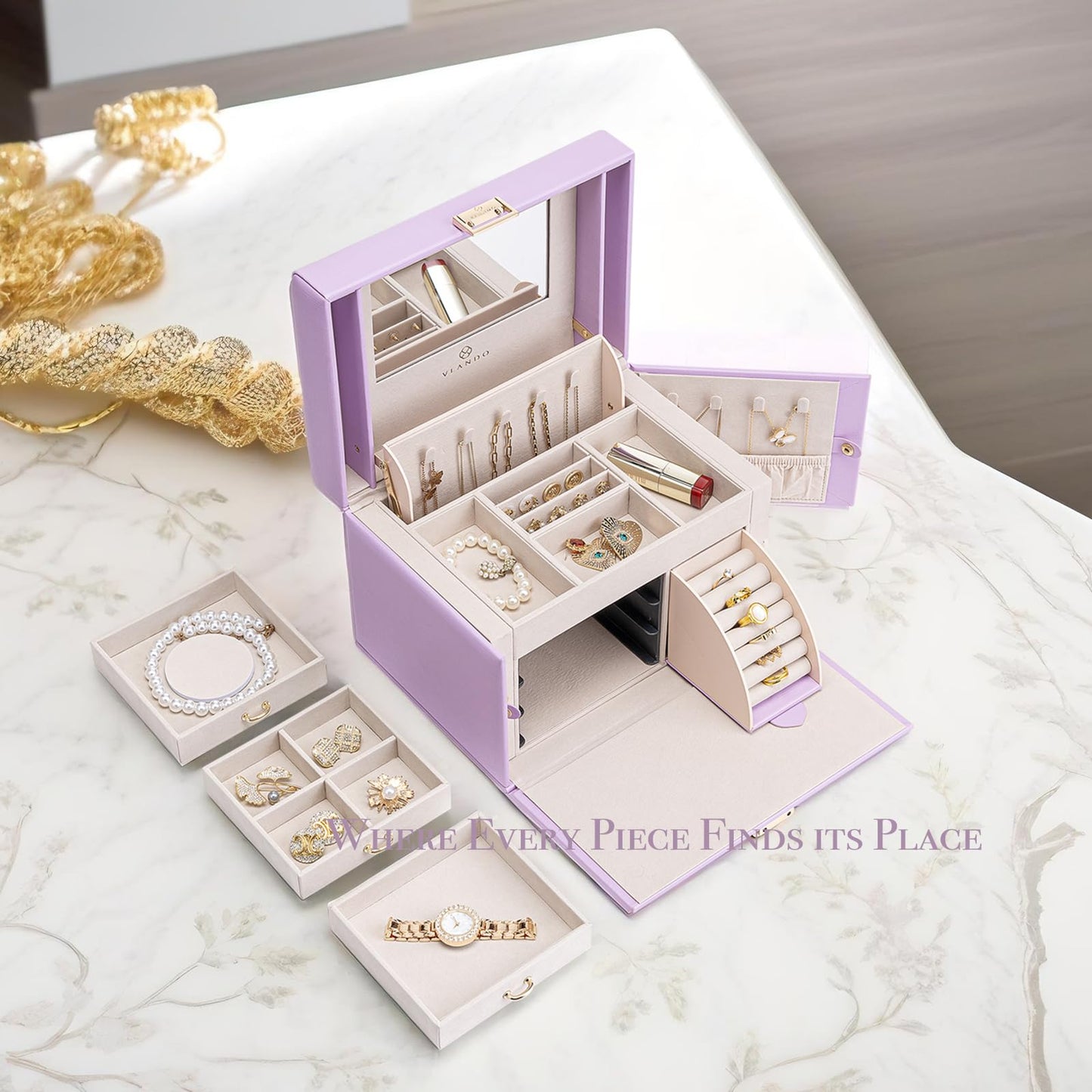Vlando Mirrored Jewelry Box Organizer, Leather Jewelry Storage Case, Necklaces Earrings Rings Brackets Box Holder, Purple