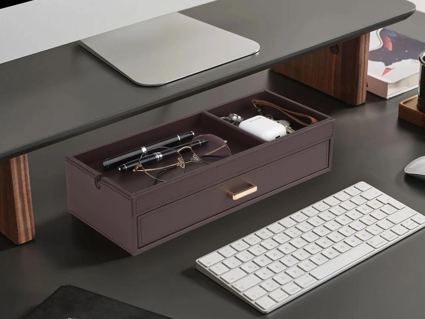 HofferRuffer Valet Jewelry Tray Organizer with Drawer, Faux Leather Storage Catchall Box Phone Charging Station Tray with Dresser Nightstand Desktop Drawer Organizer (Dark Brown)