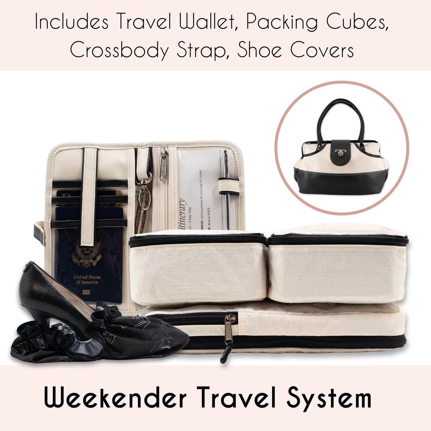 Borsali Weekender Bag for Women - Travel Carry On Duffel -Vegan Leather with Travel Wallet, Packing Cubes & Shoe Covers (Cream)