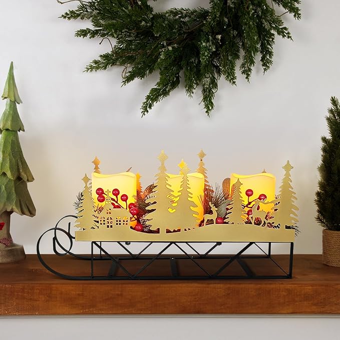 Christmas Sleigh Centerpiece Table Decorations with Flickering Led Candle Lights Xmas Sleigh Silhouette Candelabrum for Dinning Room, Table, Fireplace, Mantel Holiday Decoration