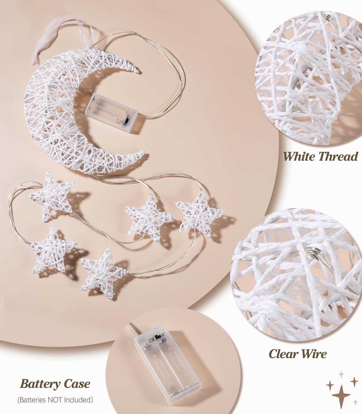 Lewondr Hanging Light,Rattan Moon Star Fairy Lights Indoor Decorative Lights Window Light Easy Operated Star Lights for Children's Room Bedroom Party Ramadan Decoration with Timer Fuction,White
