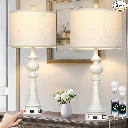 28" Farmhouse Table Lamps Set of 2, Vintage Bedside Lamps with USB A+C Charging Ports & AC Outlet, 3-Way Dimmable Touch Control Nightstand Lamp for Living Room Bedroom Wash White(2 LED Bulbs Included)