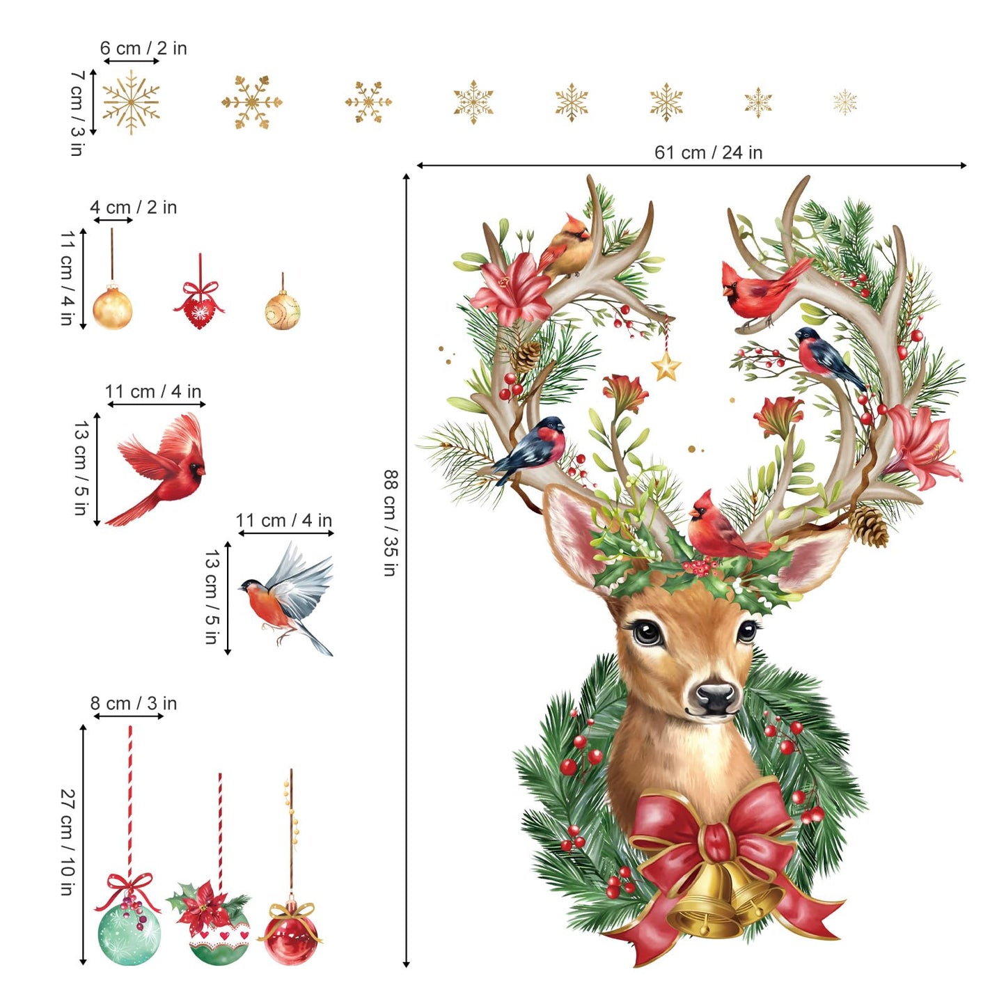 Wondever Reindeer Wall Stickers - Large Elk, Cardinal Bird, Window Art Decals for Party, Home Xmas