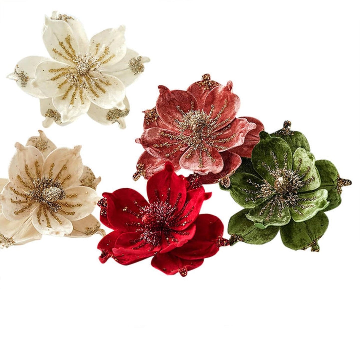 JOYO Christmas Glitter Magnolia Flowers, 10'' Poinsettia for Tree, Easy to Hang Artificial Picks (Cream, 6Pcs)