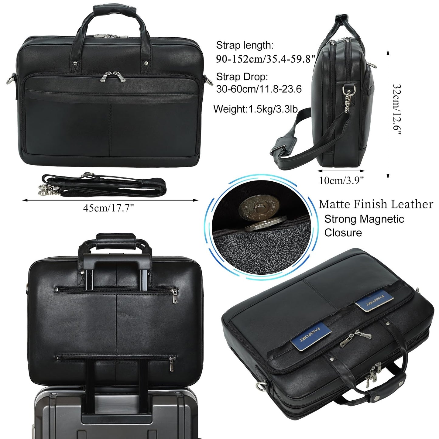 Masa Kawa Leather Briefcase for Men 17 Inch Laptop Crossbody Shoulder Messenger Office Bag Black Attache Case Handbag for Business Travel Work Lawyer Large