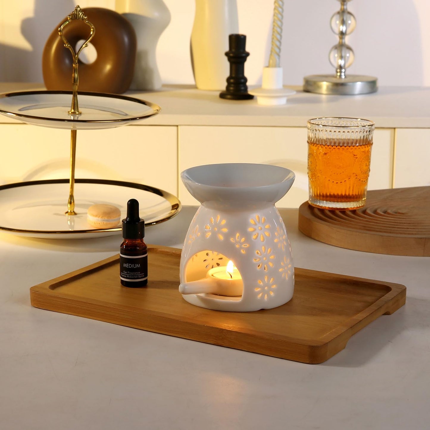 Auxmeware - Ceramic Tea Light Candle Holder Set of 2, Essential Oil Burner Wax Melt Burner, Incense Aroma Diffuser, Home Decor