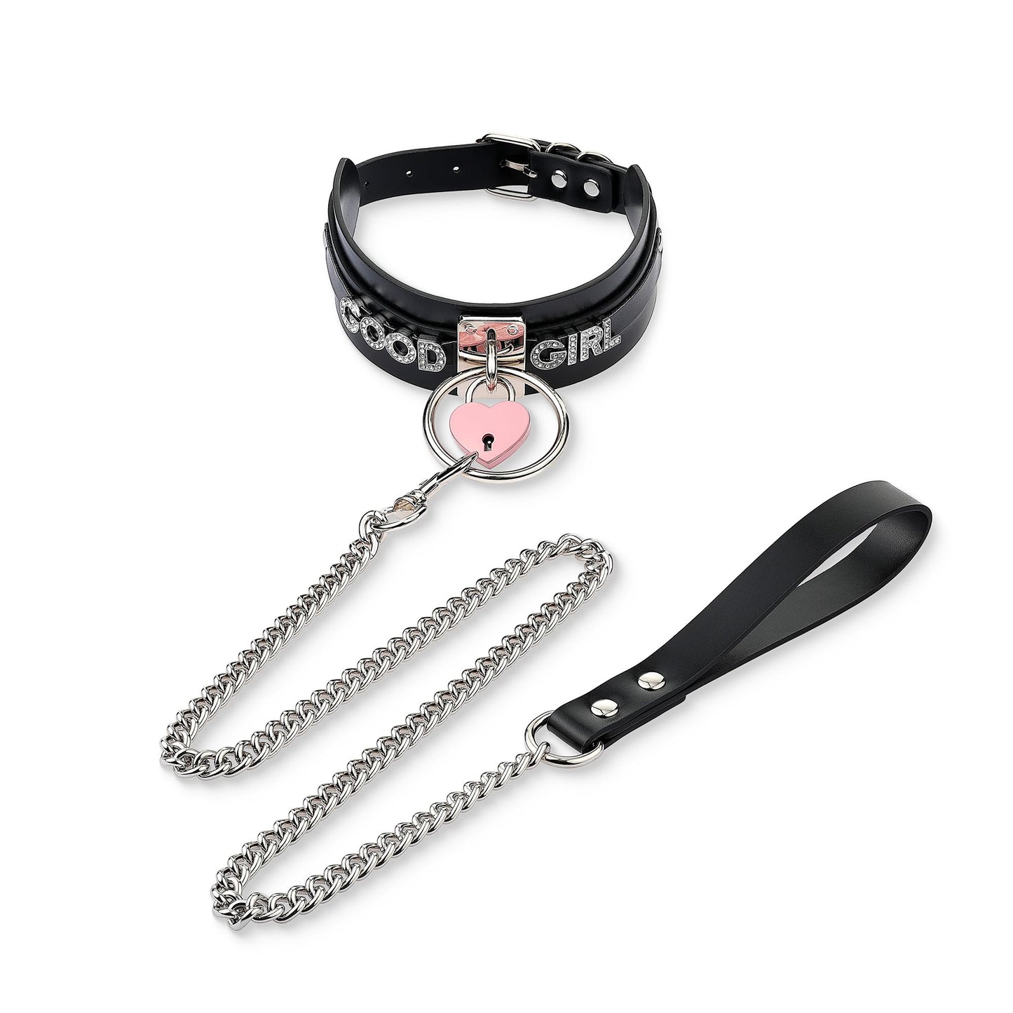 ADEMISHIA Pink Padlock O-ring Leather Choker and Leash Set, Punk Gothic Grunge Emo Necklace For Women, Soft Vegan Leather Collar with Durable Aluminum Chain Leash