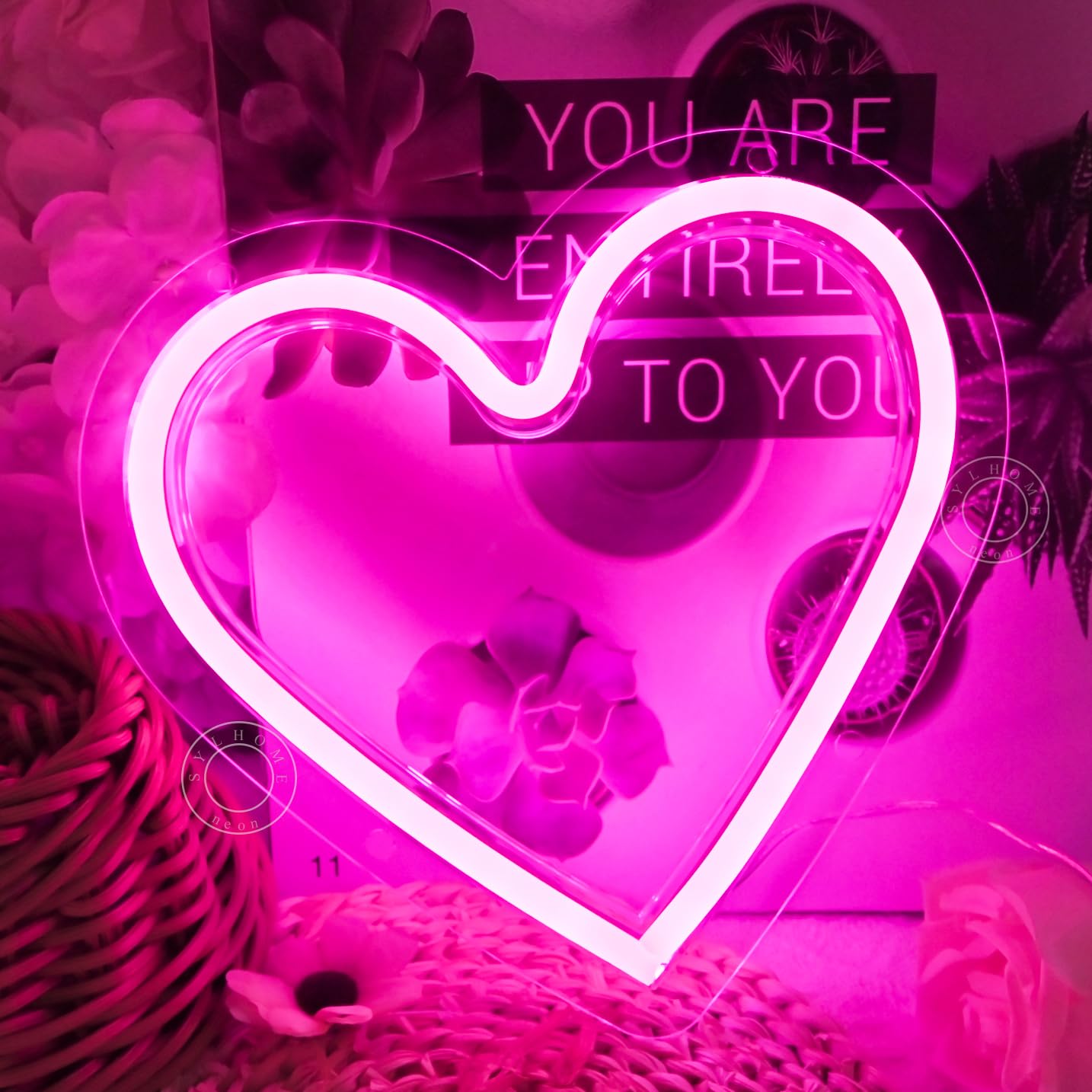 SYLHOME Pink Heart Led Neon Light Sign Battery Operated or USB Powered Bedroom Wedding Wall Sign Decor Valentines Day Birthday Anniversary Sign USB 7.87" X 7.28"
