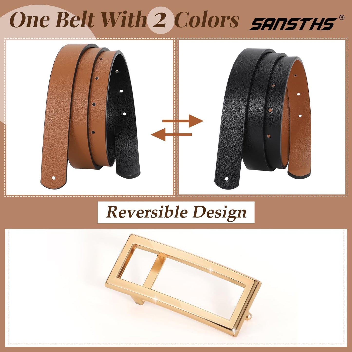 SANSTHS Skinny Reversible Belts for Women, Two-in-one Women Thin Belt for Dresses Jeans Pants with Gold Buckle, Black/Brown XS