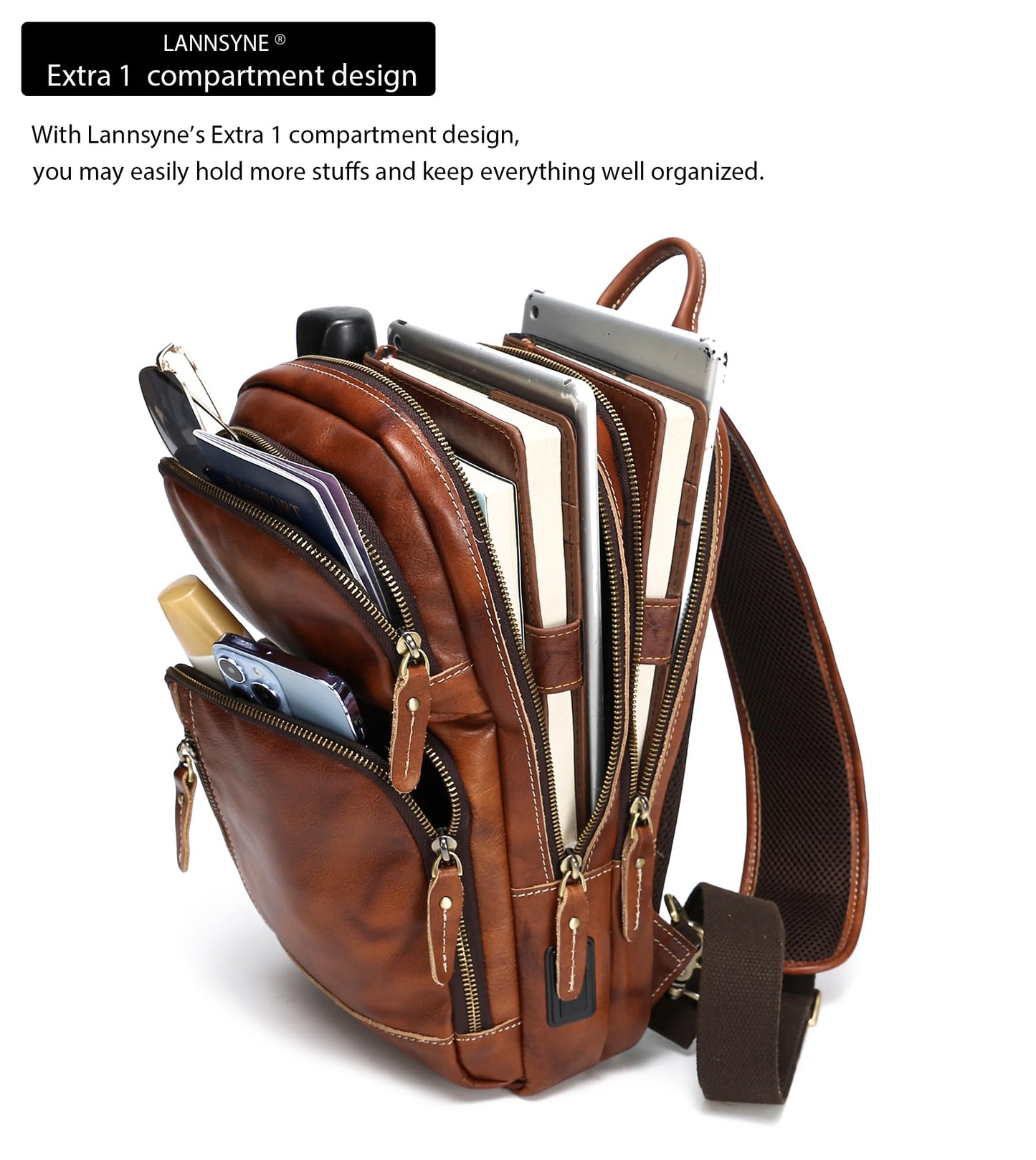 LANNSYNE Vintage Genuine Leather Sling Bag For Men, Crossbody Chest Daypack fits 10.5" iPad