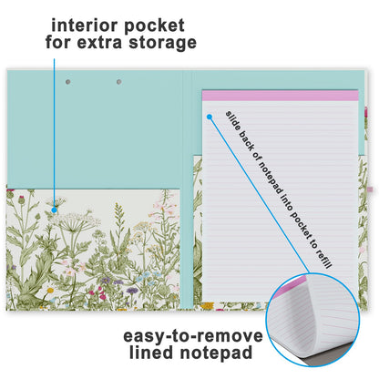 Clipboard Folio with Refillable Lined Notepad, Low Profile Clip and Interior Storage Pocket, Cute Clipboard Folder Design for Students, Office, School, Nurse, A4 Foldable Clipfolio(Garden Flowers)