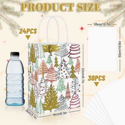 JarThenaAMCS 24 Pcs Christmas Boho Paper Gift Bags with Tissue Paper Xmas Pine Tree Party Favor Bags with Handle Winter Goodie Candy Treat Bags Medium Size Bulk Bags for Wedding Birthday Holiday
