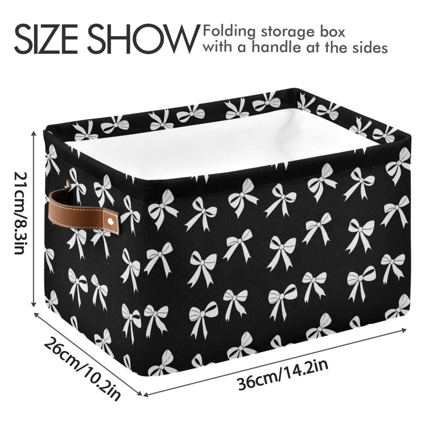Wamika Black White Bow Storage Basket with Waterproof Liner and PU Handles Coquette Bowknot Storage Bins Boxes 14.2" Collapsible Decorative Organizer Baskets for Bedroom Closet Office 1 Pack