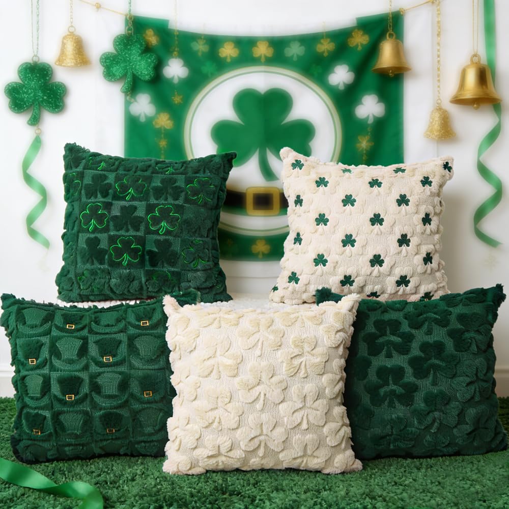 Heirloom Haven St Patrick’s Day Pillow Covers Set of 2,Beige Shamrock Irish Soft Plush Fluffy Faux Fur Jacquard Decorative Holiday Farmhouse Cushion Case for Sofa 20 x 20 Inch